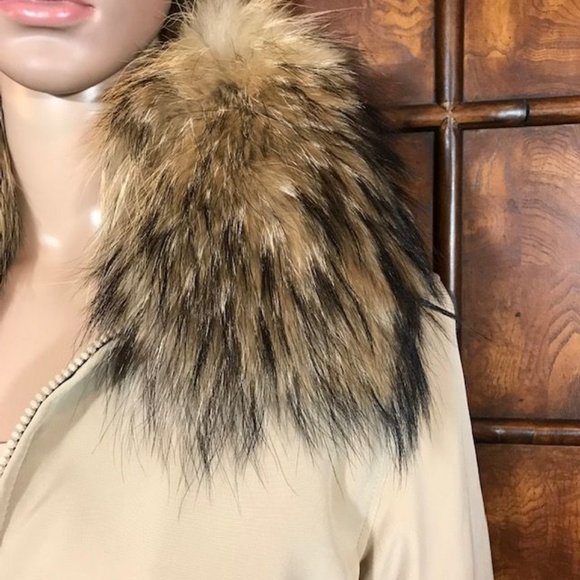 Anne Klein Genuine Raccoon Fur Detachable Collar Vegan Leather Trim Zip Jacket - Picture 10 of 16